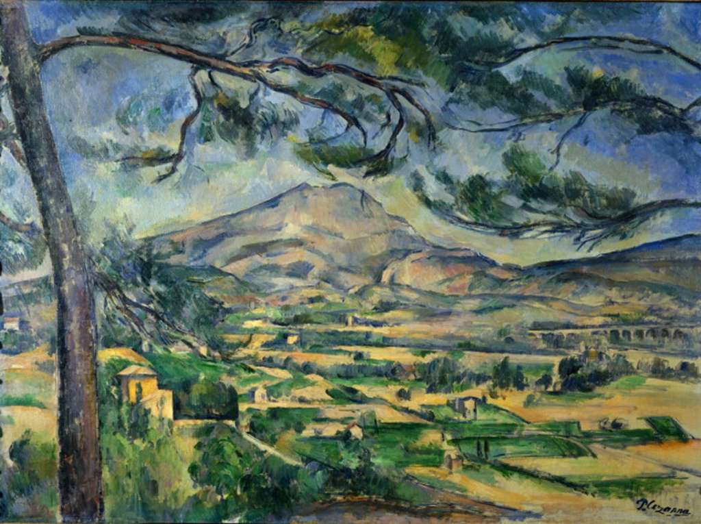 Courtauld 05 Paul Cezanne - The Montagne Saint-Victoire 5. Paul Cezanne - Montagne Sainte-Victoire, 1887, 67 x 92 cm. The mountain is seen from a vantage point to the west of Aix, near C�zanne�s family home, with the valley of the Arc in the foreground and an aqueduct to the far right. The mountain oscillates in the afternoon heat, its rock faces registering as planes of blue and gold. In the foreground are square slices of houses and floating green fields.